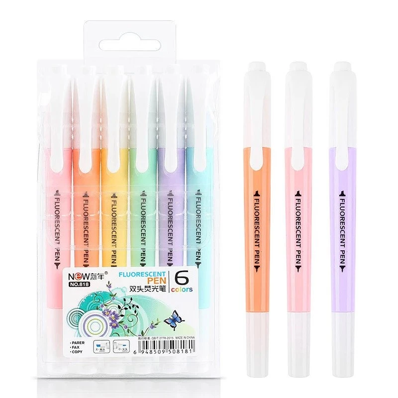 Conjunto de 6 peças Caneta marca-texto fluorescente de cabeça dupla Ma
