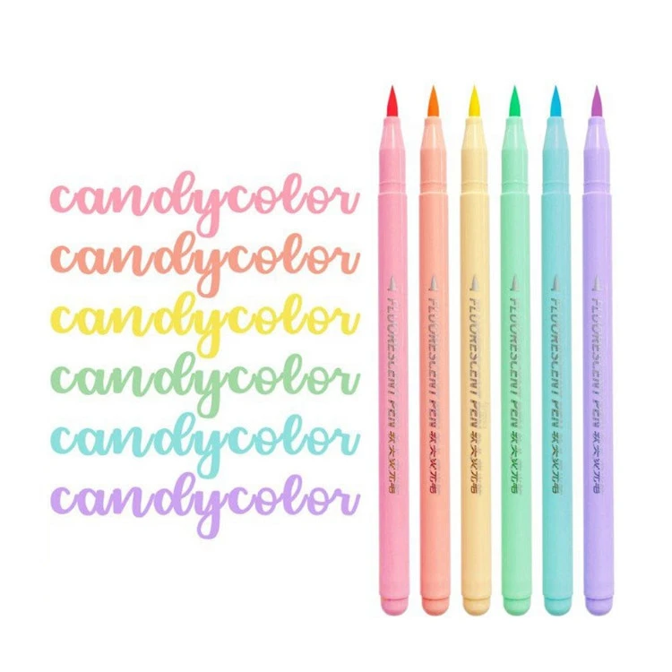 Conjunto de caneta fluorescente de pincel macio de 6 cores Art Color Highlighter